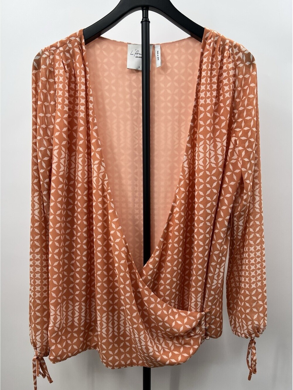 L'Academie Top Womens Blouse Deep V Draped Tie Sleeve Geometric Terracotta S